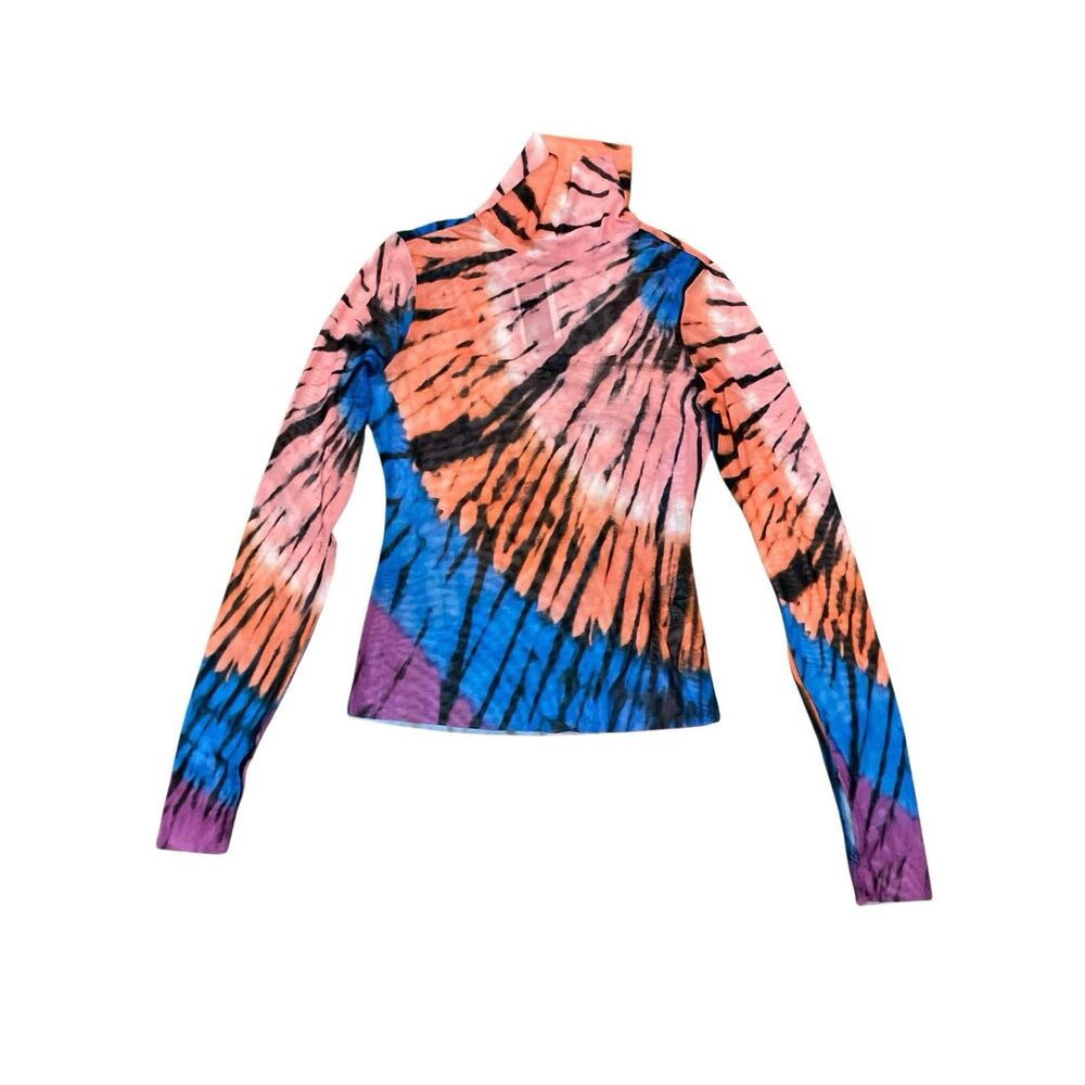 AFRM Zadie Turtleneck Top M Blue Orange Tie Dye Mesh Thumbhole NWT